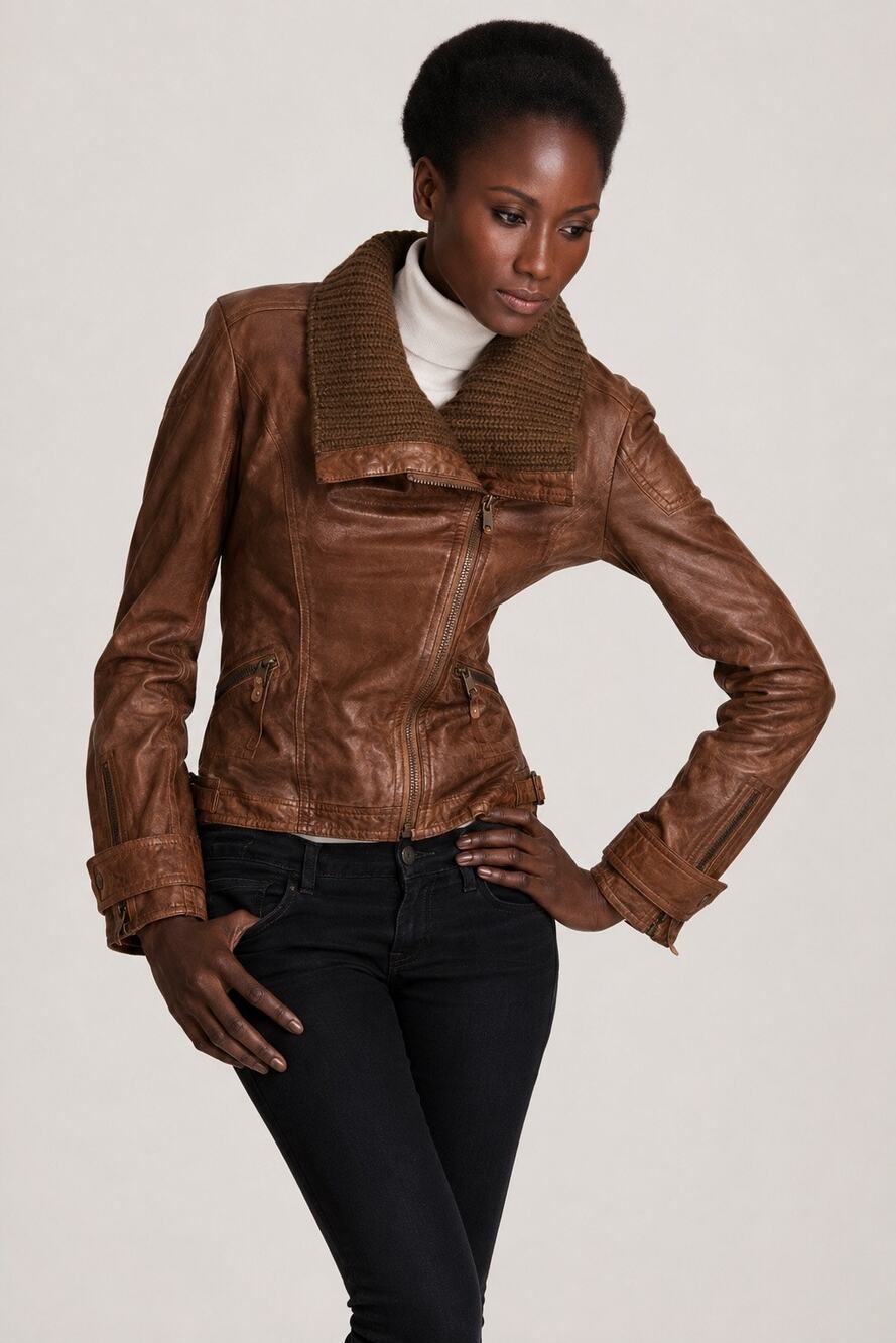 KORS Michael Kors Genuine Leather Moto Jacket XS Brown Rib Knit Collar